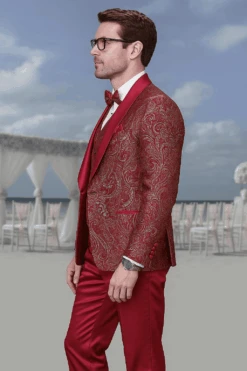 Men’s Red Paisley Brocade Prom Tuxedo With Vested Double Breasted Suit – Wedding Ready -Alberto Nardoni Shop ChatGPTImageJun25 2025 03 14 48PM