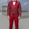 Men’s Red Paisley Brocade Prom Tuxedo With Vested Double Breasted Suit – Wedding Ready