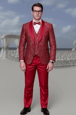 Men’s Red Paisley Brocade Prom Tuxedo With Vested Double Breasted Suit – Wedding Ready