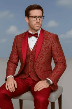 Men’s Red Paisley Brocade Prom Tuxedo With Vested Double Breasted Suit – Wedding Ready -Alberto Nardoni Shop ChatGPTImageJun25 2025 03 55 48PM