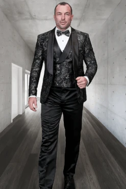 Men's Black Paisley Lace Print Vested Tuxedo For Prom & Wedding With Satin Lapel And Bowtie -Alberto Nardoni Shop ChatGPT Image Jul 1 2025 05 29 04 PM
