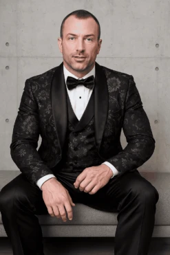 Men's Black Paisley Lace Print Vested Tuxedo For Prom & Wedding With Satin Lapel And Bowtie -Alberto Nardoni Shop ChatGPT Image Jul 1 2025 05 34 36 PM