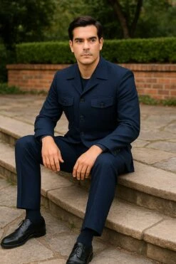 Mens Classic Navy Safari Suit With Utility Jacket And Coordinated Trousers -Alberto Nardoni Shop Classic Navy Safari Suit with Utility Jacket