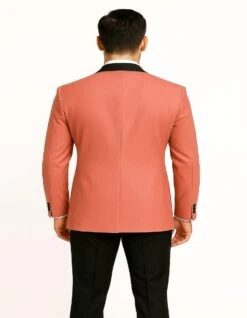 Men’s Coral Pink Tuxedo Jacket With Black Satin Shawl Lapel Velvet Fabric – Modern Slim Fit Formal Blazer -Alberto Nardoni Shop CoralPink