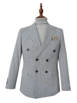 Blue Houndstooth Hybrid Fit Double Breasted Jacket