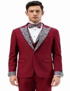 Dark Red - Maroon Wine Prom Tuxedo - Perfect Wedding Suit Vested Rhinestone Lapelled