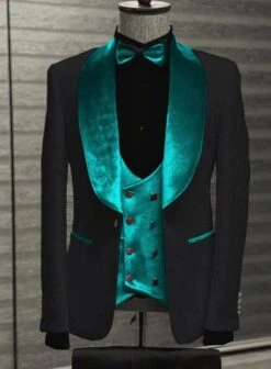 Black And Teal Blue Tuxedo - Wedding Groom Suit + Bowtie & Vest