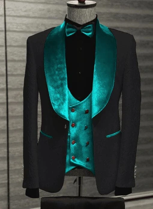 Black And Teal Blue Tuxedo - Wedding Groom Suit + Bowtie & Vest 1 Black And Teal Blue Tuxedo - Wedding Groom Suit + Bowtie & Vest