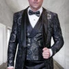 Men's Black Paisley Lace Print Vested Tuxedo For Prom & Wedding With Satin Lapel And Bowtie