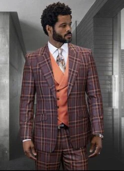Statement Confidence Designer Suit - Copper - Orange - Super 150's Wool Suit 1 Button Peak Lapel Double Breasted Vest Rust ColorPerfect Fro Church