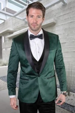 Dark Green Tuxedo - Men's Designer Vested Velvet Wedding & Prom Hunter Green Tuxedo