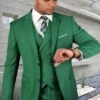 Men's Modern Fit Double Breasted Vest Notch Lapel Wool Wedding Suit In Green