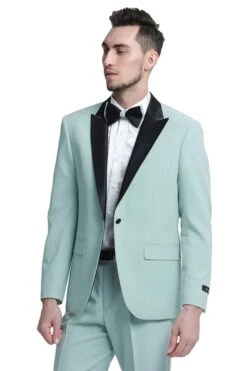 Mens One Button Peak Lapel Wedding & Prom Tuxedo In Mint Green