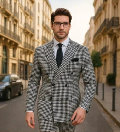 Double Breasted Suits - Vested Suits Wool Fabric- Black Houndstooth Suit -Alberto Nardoni Shop Double Breasted Suits Vested Suits Wool Fabric Black Houndstooth Suit 4