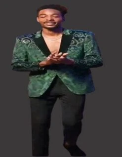 Mens Emerald Green Paisley Blazer With Black Lapel - Velvet Fabric Wedding Tuxedo Dinner Jacket