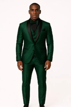 Mens Emerald Green Tuxedo With Black Satin Shawl Lapel – 3 Piece Formal Suit With Vest