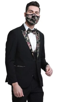 Mens One Button Vested Prom And Wedding Tuxedo Floral Peak Lapel Black