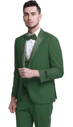Mens One Button Vested Prom And Wedding Tuxedo Hunter Green With Floral Side Stripe Pants