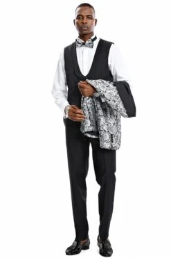 Mens One Button Skinny Fit Paisley Floral Vested Prom Tuxedo In Silver And Black -Alberto Nardoni Shop Floral Vested Prom Tuxedo