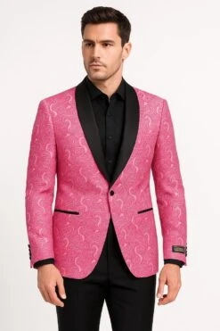 Men’s Hot Pink Tuxedo Suit With Black Pants Paisley Patter With Black Shawl Lapel - Fuchsia Color Prom Suit -Alberto Nardoni Shop FuchsiaColorDinnerJacketPerfectforProm 1