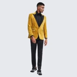 Gold Suit For Prom - Gold Blazer + Matching Pants + Gold Tuxedo Jacket With Fancy Velvet Feel Pattern Slim Fit - Wedding - Prom -Alberto Nardoni Shop Gold Velvet Tuxedo2
