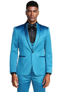 Turquoise Men's Slim Fit Vested Satin Tuxedo Suit For Prom 2025 & Wedding