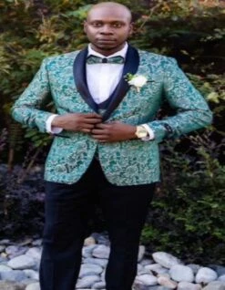 Emerald Green And Gold Paisley Tuxedo Suit - Vested Wedding And Prom For Men