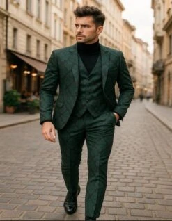 Mens Green And Black Brocade Tuxedo Suit – 3 Piece Floral Jacquard Outfit For Weddings And Formal Events - Slim Fitted