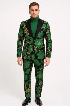 Men’s Green And Gold Floral Tuxedo Suit – Luxury 2 Piece Slim Fit Outfit For Weddings, Proms, And Special Events -Alberto Nardoni Shop Green and Gold Floral Tuxedo Suit 00 Luxury