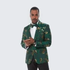 Gold Suit For Prom - Gold Blazer + Matching Pants + Green And Gold Floral Design Tuxedo Jacket Slim Fit - Wedding - Prom