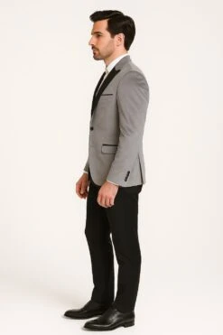 Men's Grey Velvet Tuxedo Jacket With Black Satin Lapel Suit – Mens Blazer + Black Pants -Alberto Nardoni Shop GreyVelvetTuxedoJacket
