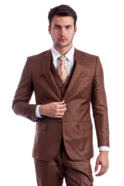 "Cognac Sharkskin Men's Wedding & Business Suit - Two Button Hybrid Fit Vested"