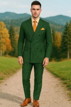 Mens Hunter Green Pinstripe Double-Breasted Suit – Bold 6-Button Vintage Gangster Style 1920s Look -Alberto Nardoni Shop Hunter Green Double Breasted Suit