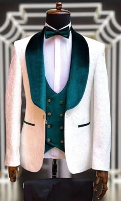 White And Hunter Prom Tuxedo - Wedding Suit - Groom Tuxedo Suit