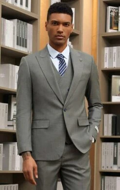 Men's Hybrid Fit Jacket Vested One Button Peak Lapel Designer Suit In Dark Green