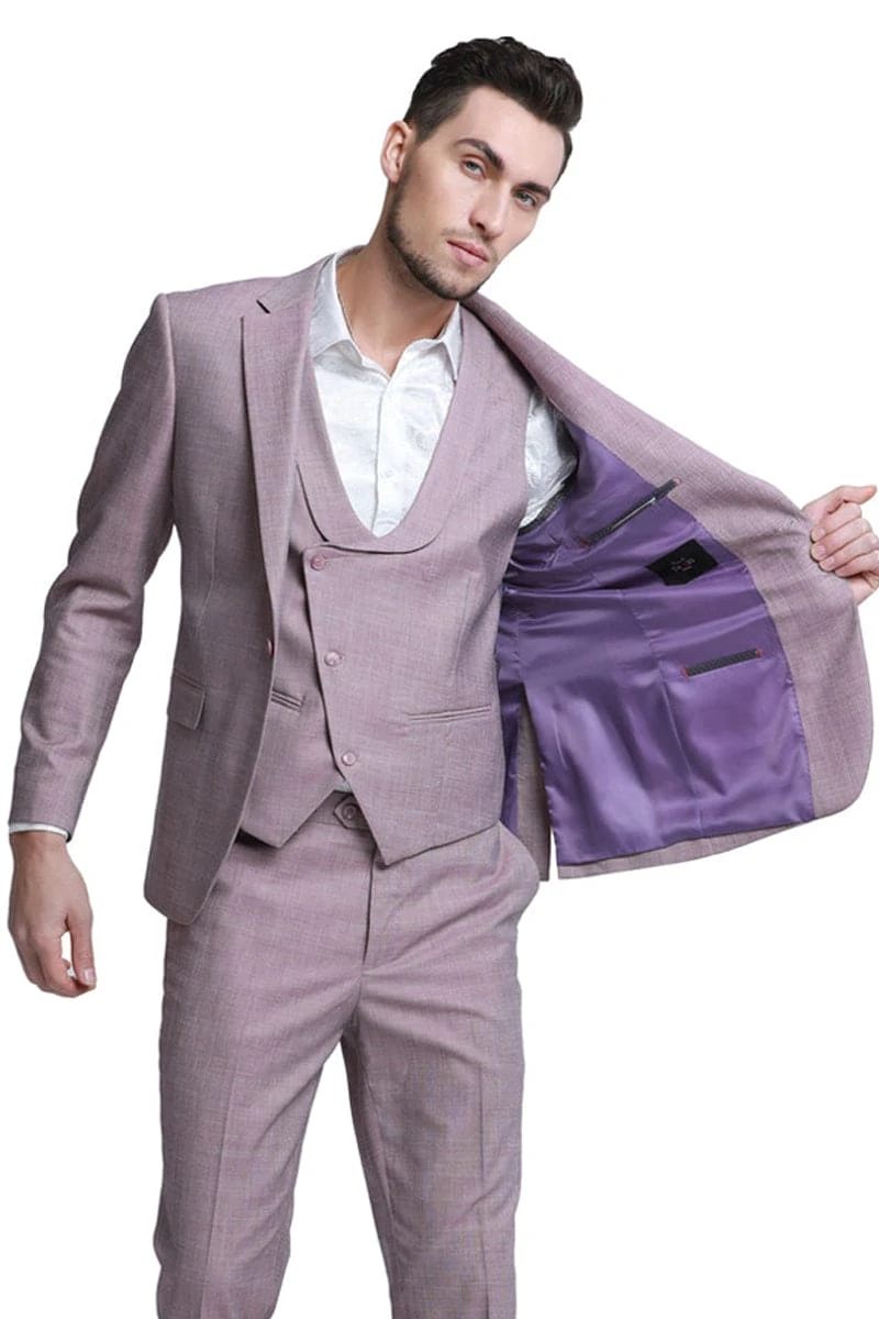 "Rose Pink Sharkskin Wedding Suit: Men's Slim Fit Double Breasted Vest" 1 "Rose Pink Sharkskin Wedding Suit: Men's Slim Fit Double Breasted Vest"