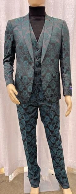 Mens Paisley Suit -Black And Emerald GreenFloral Suit - Prom Party Suit