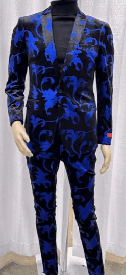 Mens Paisley Suit - Black And Royal Blue Floral Suit - Prom Party Suit