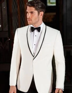 Mens Designer Charles Shawl Dinner Jacket In Ivory With Black Trim