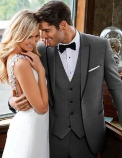 Grey Prom Suit - Gray Wedding Suit - Gray Tuxedo Mens Designer Oscar Grey Peak Trim Tuxedo In Grey