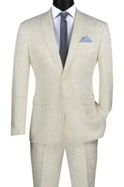 Mens Slim Fit Shiny Paisley Prom & Ivory Wedding Suit