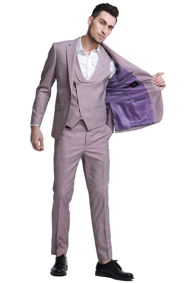 "Rose Pink Sharkskin Wedding Suit: Men's Slim Fit Double Breasted Vest" 2 "Rose Pink Sharkskin Wedding Suit: Men's Slim Fit Double Breasted Vest" - Image 2