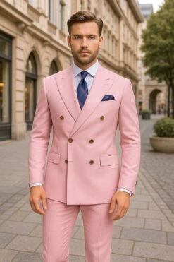 Mens Light Pink Double-Breasted Suit With Gold Buttons – 2-Piece Slim Fit Set -Alberto Nardoni Shop Light Pink Double Breasted Suit