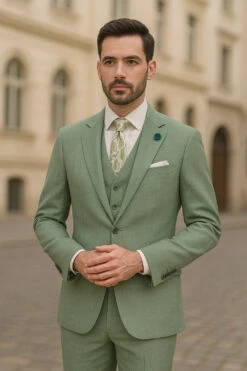 Light Green Modern Fit 3 Piece Suit With Vest And Adjustable Waist Band Pants
