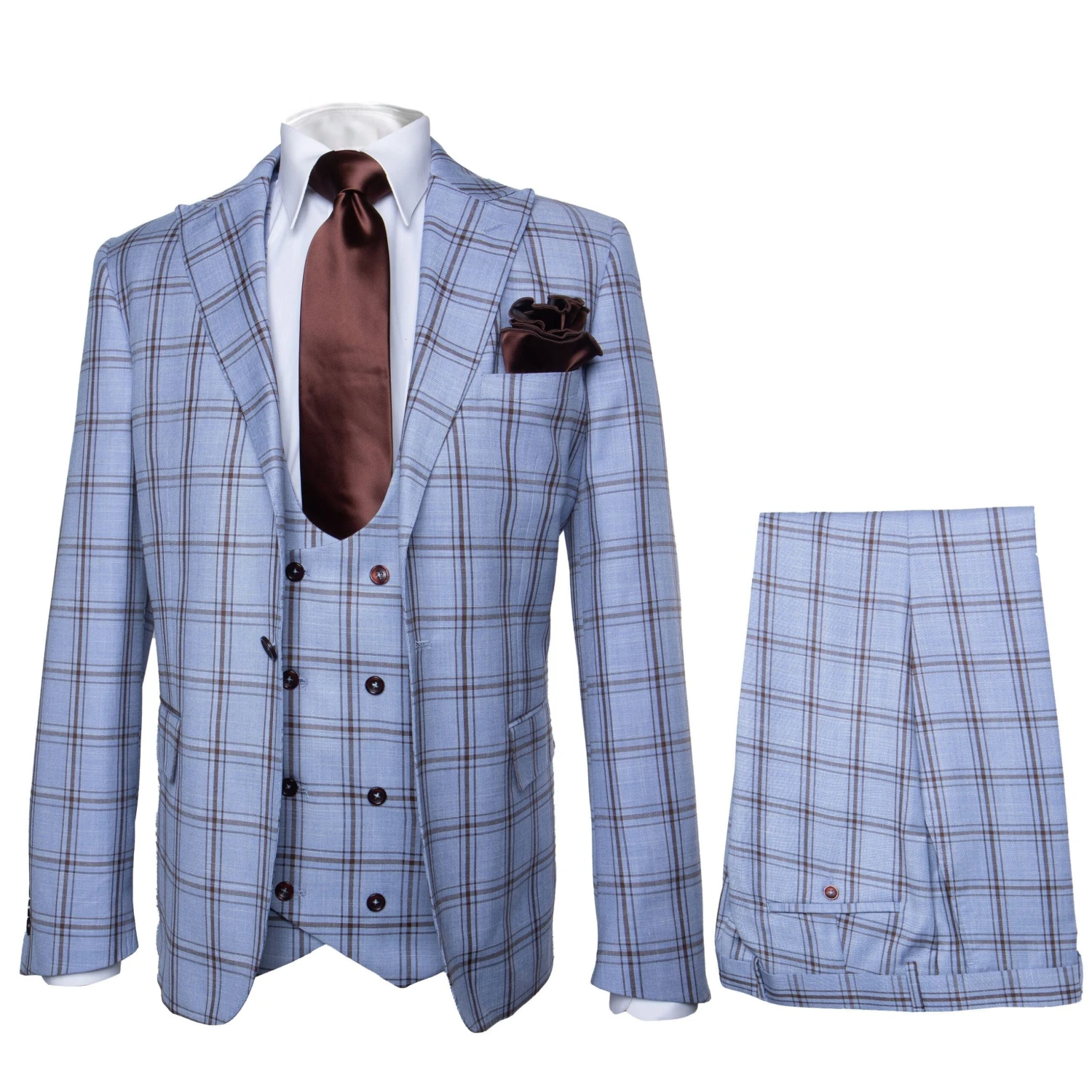 Rossi Man MAX RM1822 Slim Fit 3-Piece Suit – Premium Light Blue & Brown Plaid Formal Suit For Men 1 Rossi Man MAX RM1822 Slim Fit 3-Piece Suit – Premium Light Blue & Brown Plaid Formal Suit For Men
