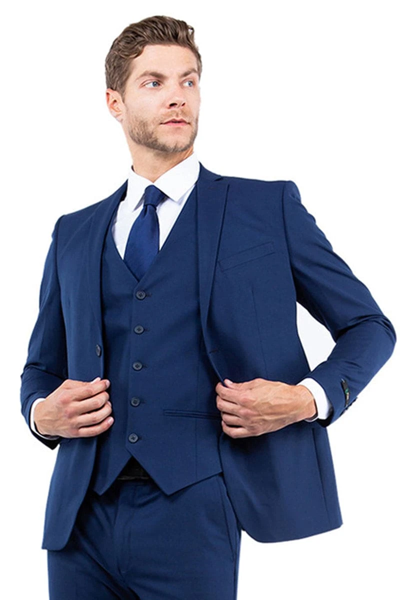 Navy Blue Men's Slim Fit Business & Wedding Suit - One Button Vested 1 Navy Blue Men's Slim Fit Business & Wedding Suit - One Button Vested