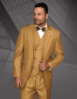 Mens 2 Button Classic Fit Pleated Pant Suit With Double Breasted Vest In Camel