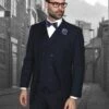 3 Piece Suit - Navy Blue Three Piece Suit - Mens 2 Button Classic Fit Pleated Pant Suit With Double Breasted Vest In Navy Blue