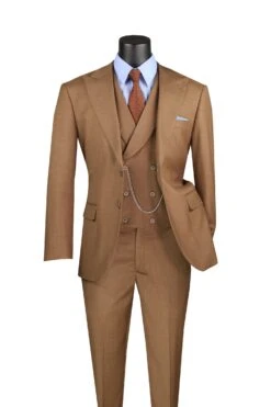 Light Brown Modern Fit 3 Piece Suit With Vest And Adjustable Waist Band Pants