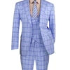 Modern Fit Windowpane Suit 3 Piece With U-Neck Vest In Light Blue